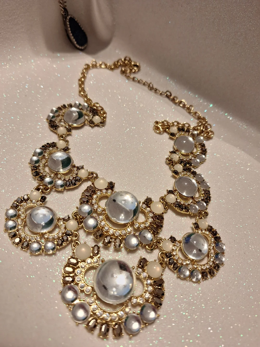 Gold Statement Necklace with Clear Cabochon Accents 22
